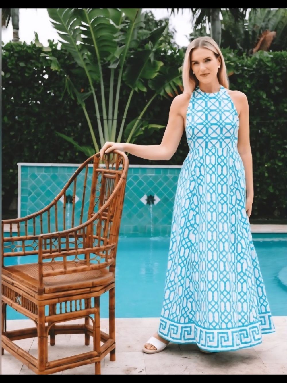 NWOT Sue Sartor Halter Maxi In Ciel Blue Bamboo Sz L